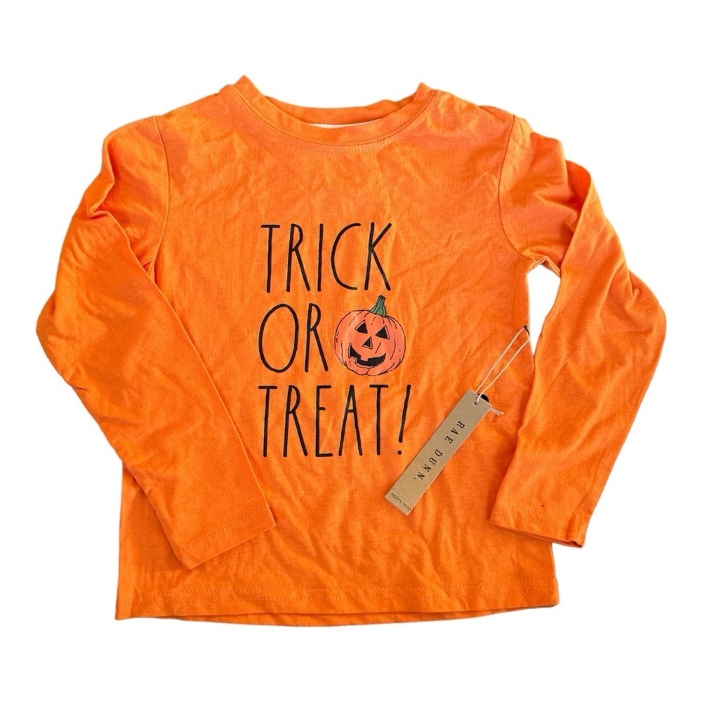Rae Dunn Trick or Treat Halloween Pumpkin Long Sleeve Orange Tee T-shirt Kids 5